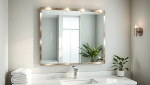 Showcasing a sleek mirror with lights illuminating a chic bathroom setting.
