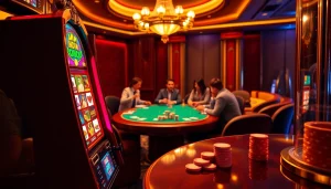 Engaging moment at an idn slot machine in a vibrant casino setting.