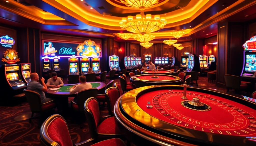 Players enjoying an exciting game at MM88’s luxurious online casino, featuring vibrant tables and slot machines.