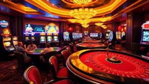 Players enjoying an exciting game at MM88’s luxurious online casino, featuring vibrant tables and slot machines.