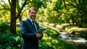 Engaging environmental lawyer confidently advocating for environmental protection in a park.