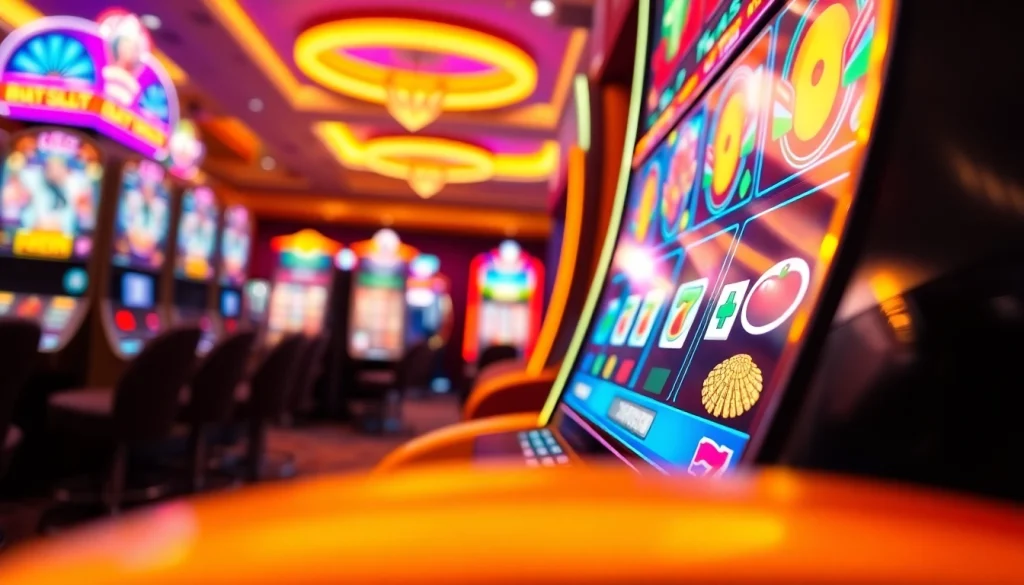 Permainan menarik dengan slot depo 1k, menampilkan mesin slot berwarna cerah dan suasana kasino yang meriah.