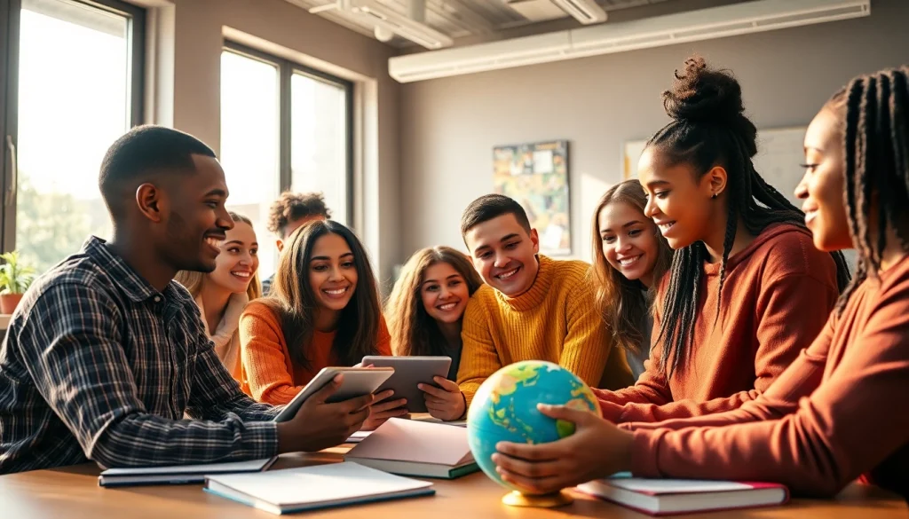 Education classroom featuring diverse students engaging with digital tools and learning materials.