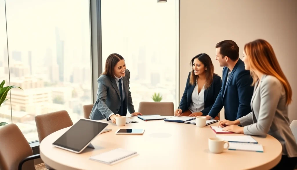 Business coach in Los Angeles leading a productive discussion with a small team in a modern office.