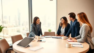 Business coach in Los Angeles leading a productive discussion with a small team in a modern office.