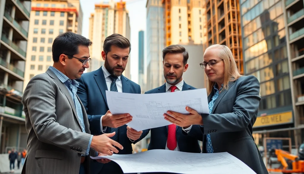 Advocates engaged in construction advocacy colorado discussions over blueprints in an urban landscape.