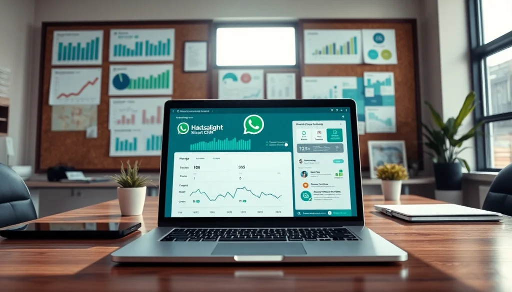 Showcase of WhatsApp Smart CRM interface on a laptop in a lively workspace.