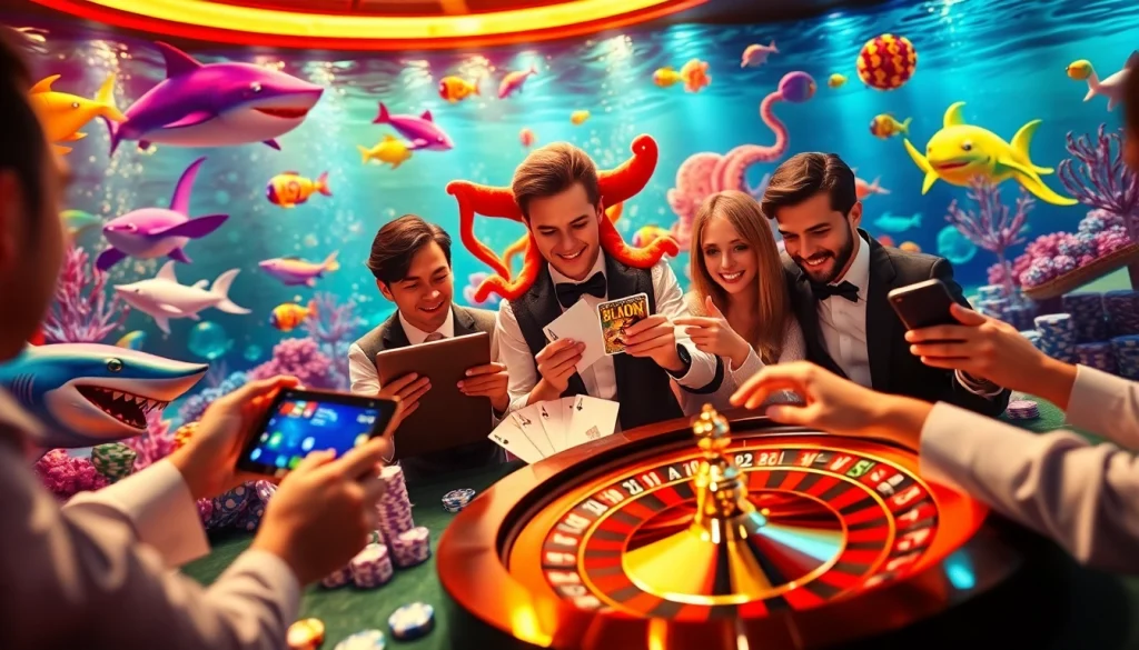 Bắn cá đổi thưởng in a vibrant underwater casino scene, featuring animated fish and excited players at game stations.