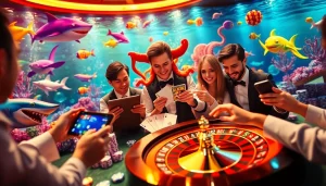 Bắn cá đổi thưởng in a vibrant underwater casino scene, featuring animated fish and excited players at game stations.