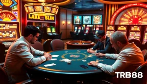 Experience the excitement of betting with TR88 at a luxurious casino table featuring poker chips and cards.