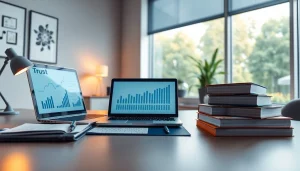 Profesjonalne biuro dla Usług księgowych, z laptopem i książkami księgowymi.