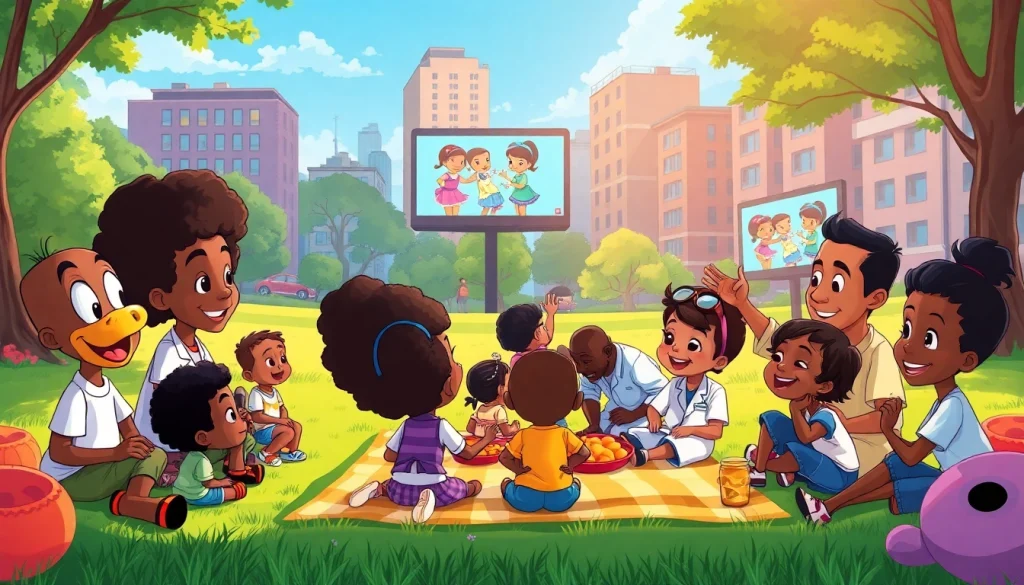 A colorful illustration of iconic African American cartoons characters engaging with children in an urban park, celebrating diversity and creativity.