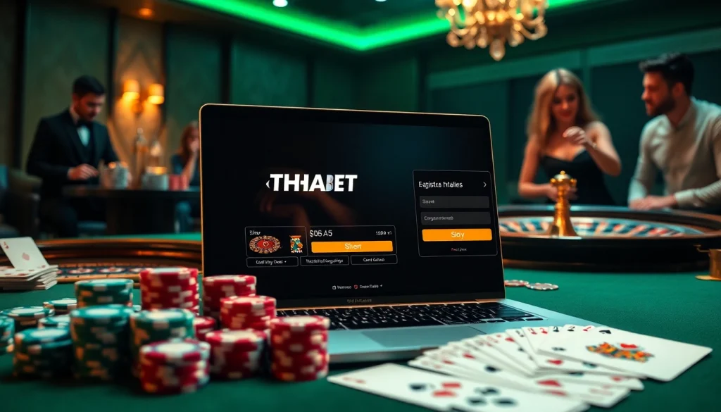 Experience thabet đăng nhập as players immerse in an upscale online casino with poker chips and a roulette wheel.