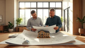 Residential architects for home renovation collaborating on design plans in a bright office.