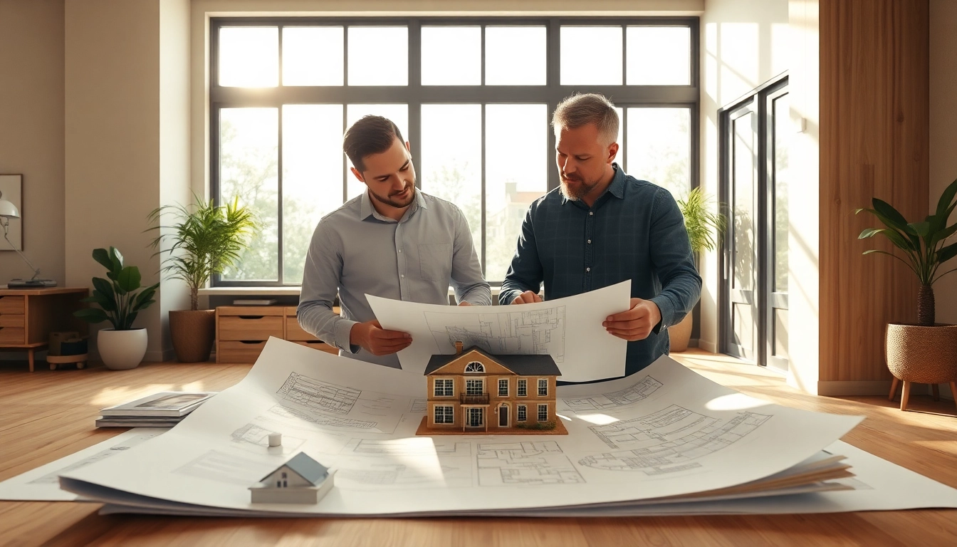 Residential architects for home renovation collaborating on design plans in a bright office.