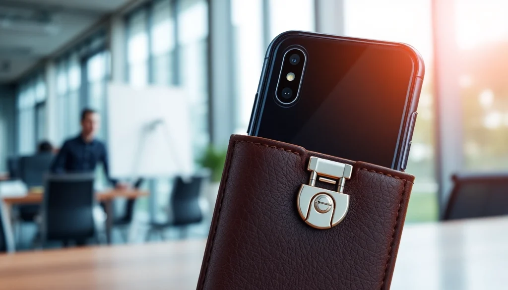 Praktische abschließbare Handytasche präsentiert in einem eleganten Büroumfeld.