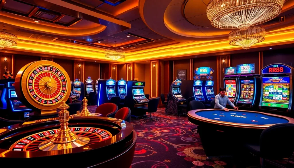 RR88 casino scene highlighting luxury gaming atmosphere with roulette, slots, and poker.