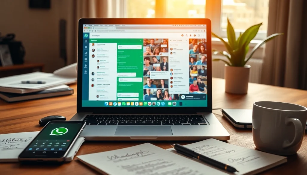 Experience seamless communication with WhatsApp Web on a modern laptop in a vibrant workspace.
