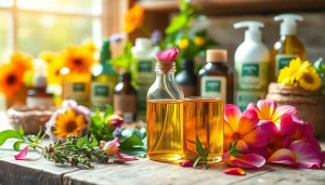 Prikaz prirodne kozmetike sa ekološkim pakovanjima i svežim cvećem.