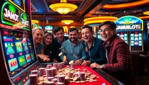 Thrilled players winning at a JAMUSLOT slot machine surrounded by casino excitement.