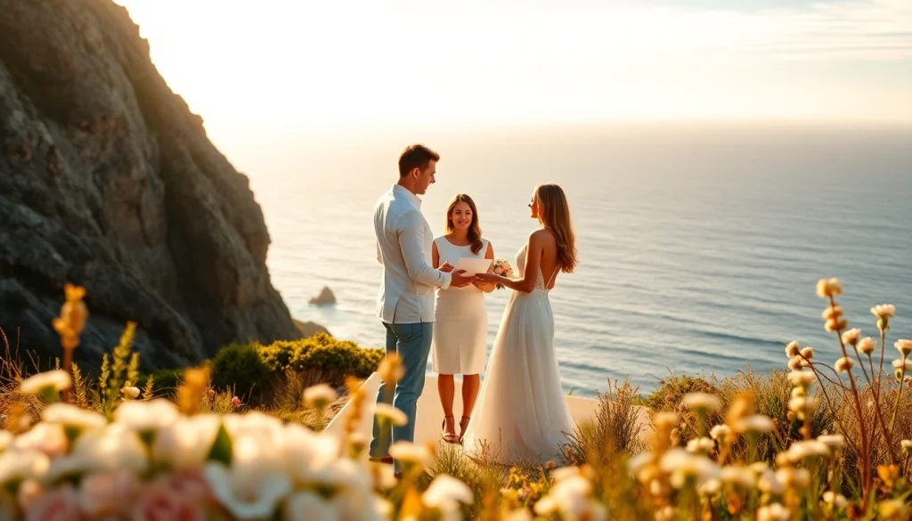 Big Sur wedding photographer captures a couple's romantic vows against stunning coastal cliffs.