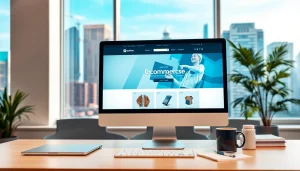 Showcasing an ecommerce website design essex on a modern desktop in a vibrant office.