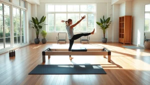 穏やかなスタジオの雰囲気で、インストラクターと器具と共にピラティスの推奨を発見