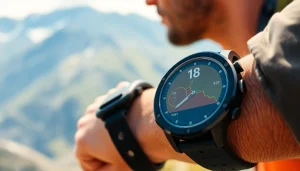Person using Explorer Plus GPS Smart Watch during an outdoor adventure.