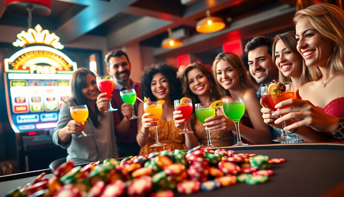 Celebrate exciting free spins bonuses at a vibrant casino-themed gathering.