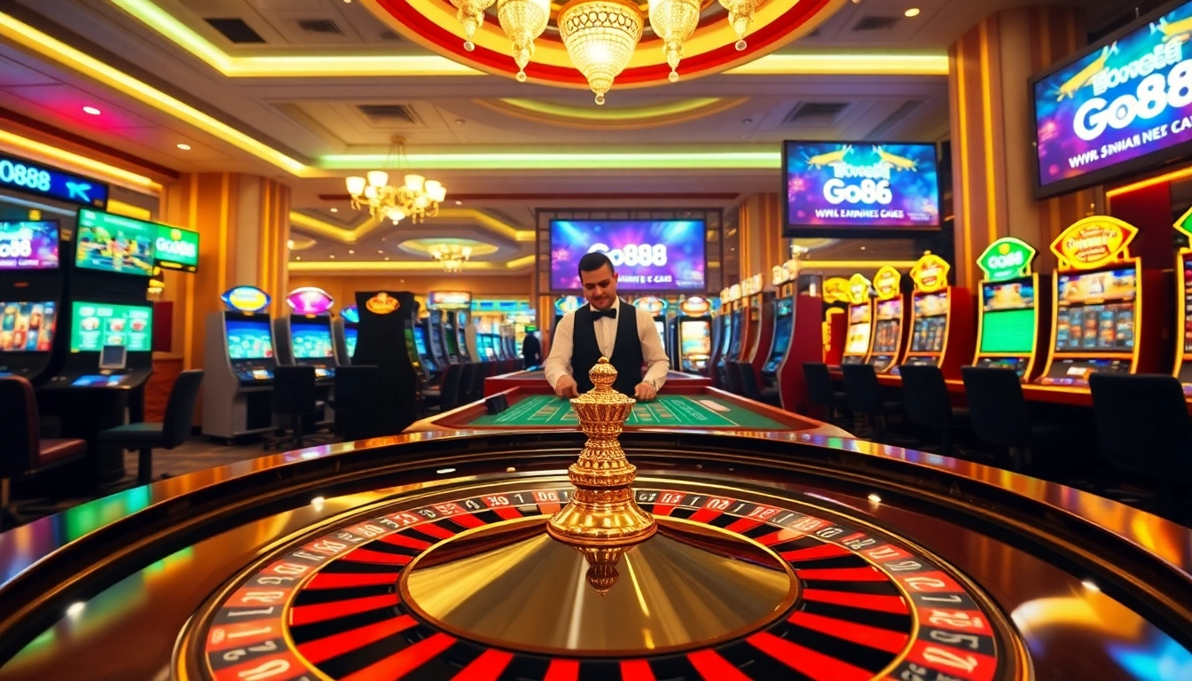 Experience the thrill of placing bets at the Go88 casino with vibrant roulette and slot machines.