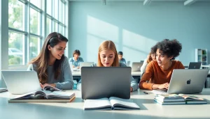 Students collaborating in the exam assistance industry, demonstrating teamwork and focus.