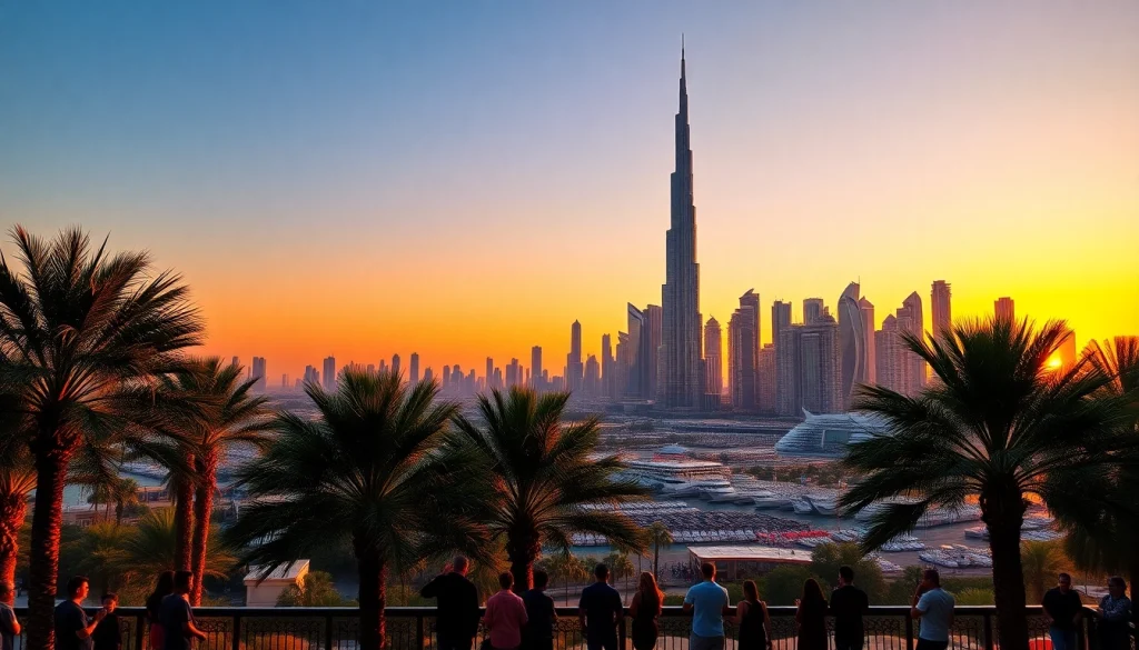 Experience the vibrant cityscape in the Ultimate Dubai Guide, showcasing Dubai's skyline at sunset.