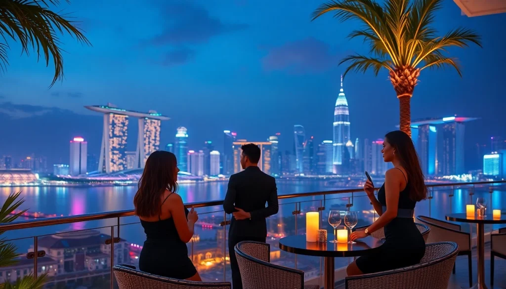 Singapore escort models enjoying a luxurious evening in a vibrant cityscape.