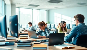 Students utilizing exam assistance services in a vibrant study space for effective learning.