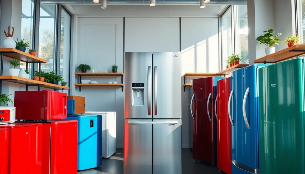 Explore diverse refrigerator sales with sleek models in a bright, modern showroom.