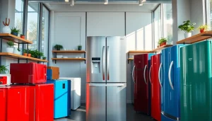 Explore diverse refrigerator sales with sleek models in a bright, modern showroom.