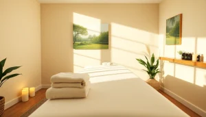 차분한 분위기와 에센셜 오일이 있는 마사지 치료실.