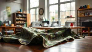 Verken camouflage stoffen met unieke texturen en kleuren in een opgeruimde naaiomgeving.