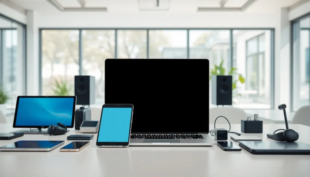 Porównanie cen elektroniki w nowoczesnym biurze z laptopem, smartfonem i tabletem.