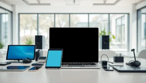 Porównanie cen elektroniki w nowoczesnym biurze z laptopem, smartfonem i tabletem.