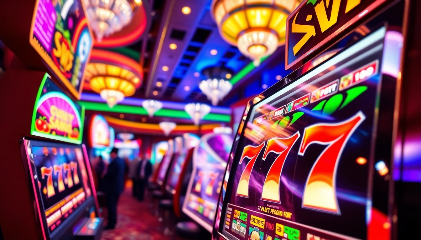Menampilkan mesin slot 777 yang penuh warna di kasino yang meriah dan cerah.