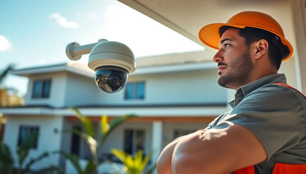 Profesional instalando una cámara de CCTV, mostrando una empresa de seguridad en Guanacaste