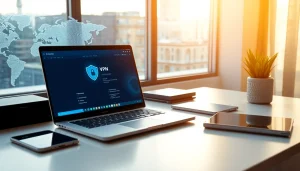 在专业工作场景中的现代笔记本上显示的快连 VPN 用户界面，象征全球连通性与网络安全。