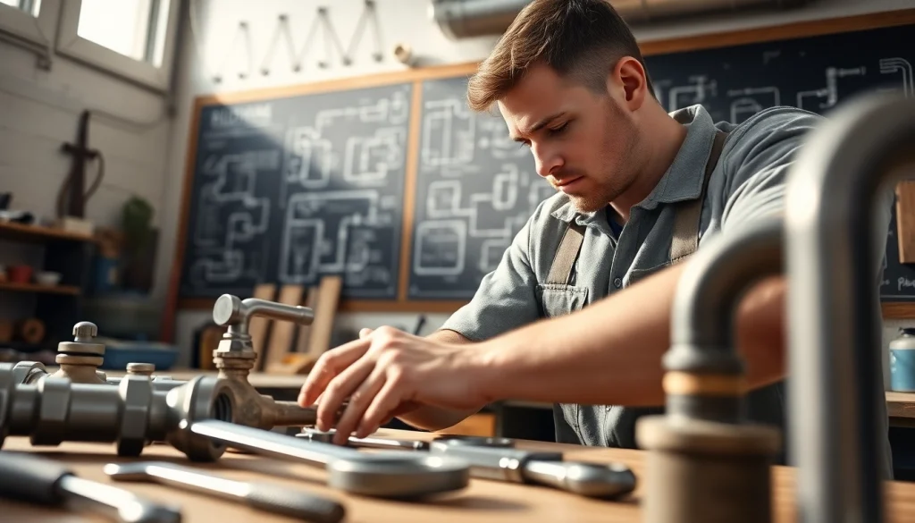Engaged plumber showcasing techniques during a plumbing apprenticeship in a workshop setting.