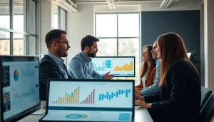 Visualize competitive intelligence faqs with data analysts in a modern office setting.