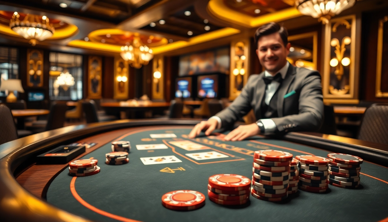 Spannende casino-spiele de am Poker-Tisch mit Chips und Karten in einem eleganten Casino-Setting.