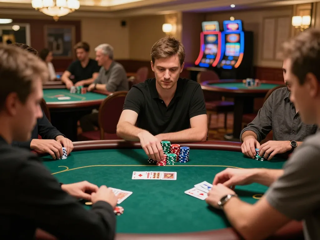 Engaged players strategizing at SC88 casino's luxury poker table during high-stakes game.