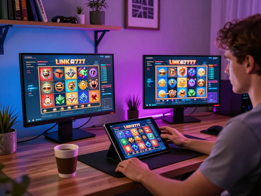 Engaging gameplay with link slot777 on tablet in cozy home setup, showcasing vibrant gaming atmosphere.