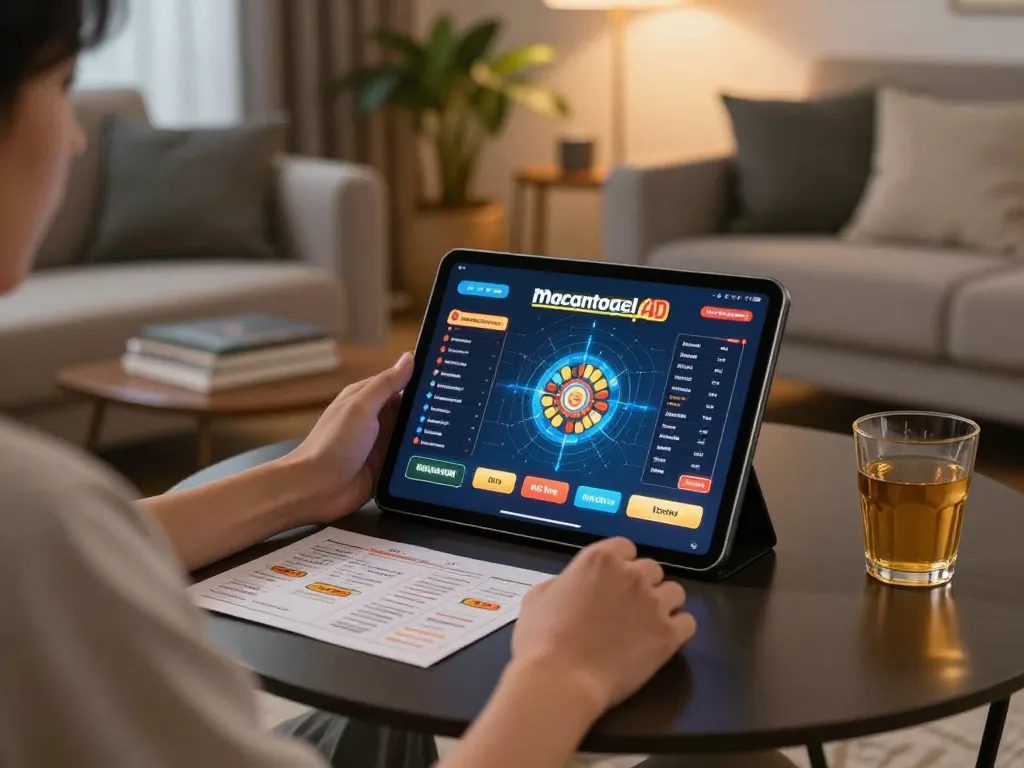Player engaging in macantogel 4d online game from cozy living room with strategy notes.