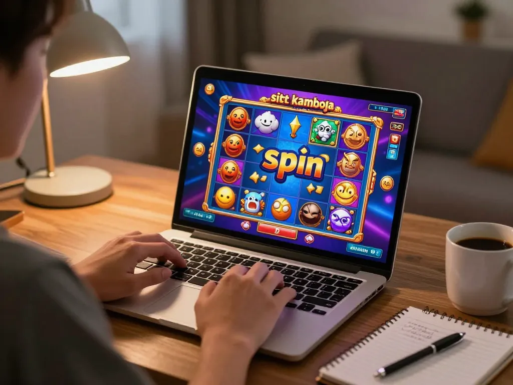Situs slot kamboja gameplay showcased on a laptop screen during online gaming session at home.